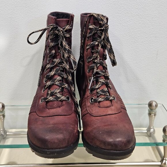 Sorel Lexi Burgandy Wedge Heel Lace Up Boots Leather Canvas Women’s Size 8.5 - Picture 3 of 11